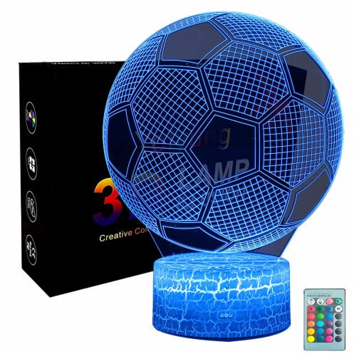 Yelyung Veilleuse Football 3D pour Enfants, Télécommande 16 Couleurs Changement, Illusion Lampe Chambre Enfant Art Déco, Garçon Fille Cadeau d'Anniversaire Noël