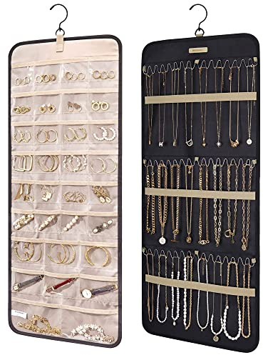 bagsmart Hängender Schmuck-Organizer mit Aufhänger, Metallhaken, doppelseitiger Schmuckhalter für Ohrringe, Halsketten, Ringe an Schrank, Wand, Tür, 1 Stück, groß, schwarz