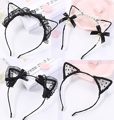 Bandeau d'Oreille de Chat,4 PCS Serre-Tête Oreilles Cerceaux de Cheveux en Métal Bandeaux en Dentelle Bandeau de Cheveux pour Femmes Fille Party Festival