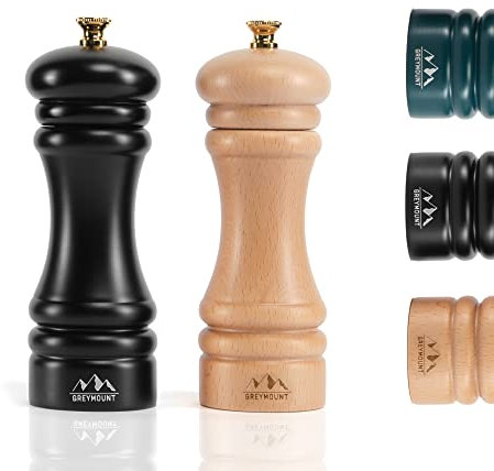 GREYMOUNT ® Salz und Pfeffermühle Holz Natur Schwarz mit Premium einstellbarem Edelstahl-Mahlwerk | Geschenkidee Gewürzmühle Set Manuell (17 cm, 2 Stück)