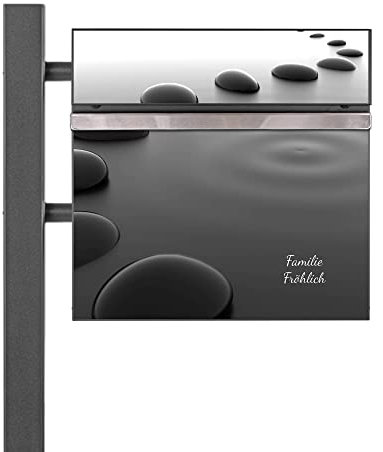 banjado® Standbriefkasten Anthrazit mit Namensschild Schwarze Steine & Zeitungsfach/Briefkasten mit Standfuß in Anthrazit/Postkasten A4 Einwurf inkl. Montagematerial & 2 Schlüsseln