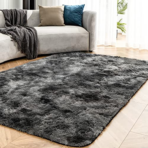 OMERAI Teppich Wohnzimmer Hochflor Shaggy Teppich Teppich antirutsch Teppich Kinderzimmer Schlafzimmer Tie-dye Carpet (Dunkelgrau,90x150cm)