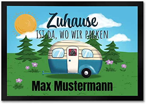 Zuhause ist wo wir Parken Campingwagen Fußmatte - personalisiert mit euren Namen - als Deko für Camper die Camping lieben und im Wohnwagen leben persönliches Mitbringsel für Campingplatz Besucher