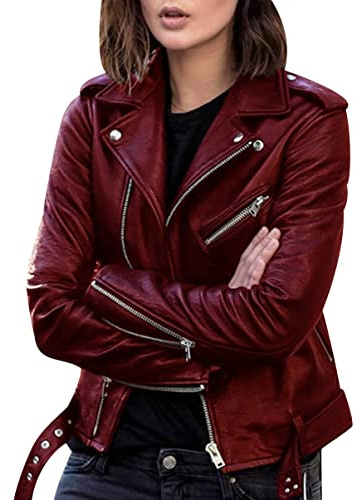 Biker Lederjacke Damen Kunstleder Kunstlederjacke Bikerjacke Pu Jacke Damen Leder Faux Leather Jacket for Women Lederjacken Kurze Pu Lederjacke Frauen Mantel Damen Biker Jacken für Damen Leder