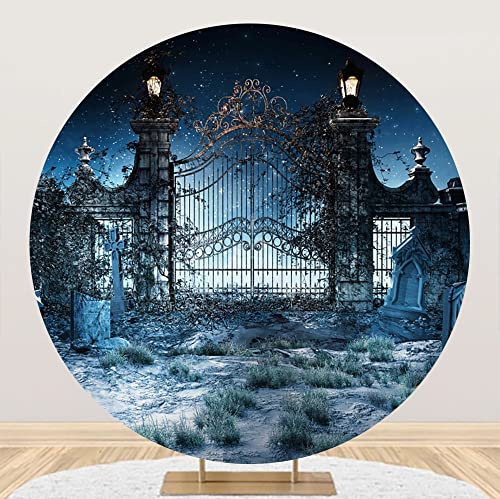 Leyiyi 6x6ft Halloween Round Backdrop Cover Halloween Night Scary Cemetary Photo Backdrop Iron Gate Graveyard Backdrops for Photography Halloween Party Round Arch Backdrop Photo Studio Props