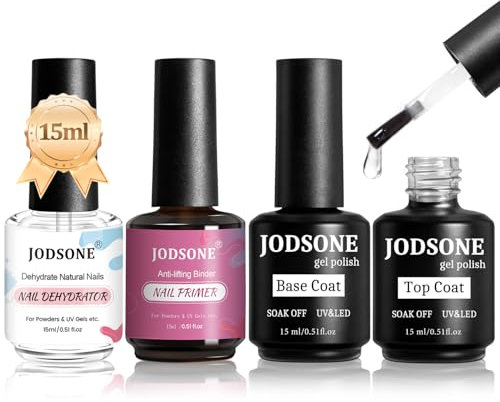 JODSONE 15ML x 4 Base e Top Coat Semipermanente, Disidratatore per Unghie Primer per Unghie, Scintilla Asciugatura Rapida Durevole, Adatto al fai da te in casa, Disegni per unghie, Regali perfetti