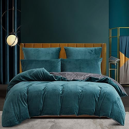Copripiumino Invernale 240x260 Caldo in Flanella con Tocco di Cashmere in Velluto Morbido Grigio Petrolio con Cerniera, Set Biancheria da Letto per 2 Persone con 2 Federe 65x65 cm