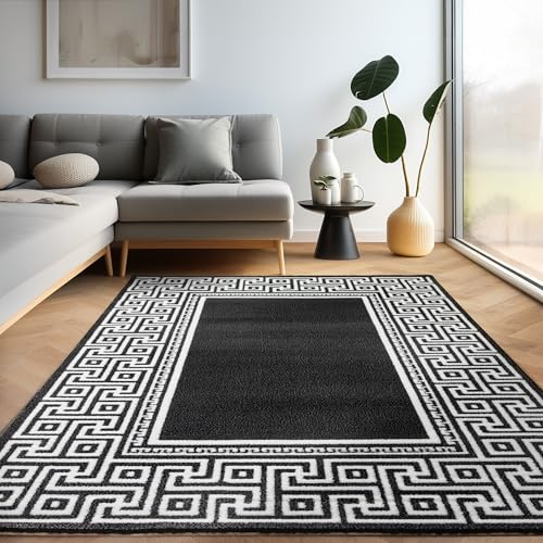 Carpettex Teppich Wohnzimmer Kurzflor 240 x 340 cm Modern Mäander-Design Schwarz - Teppich Schlafzimmer Extra Weich Flauschig Waschbar Küchenteppich - Esszimmer Kinderzimmer Wohnzimmerteppich