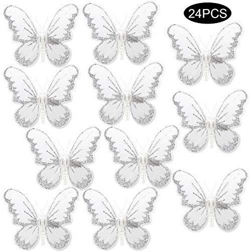 LKPOMI 24 Stück Weihnachtsbaum-Schmetterlingsdekorationen, Glitzernde Schmetterlinge, Ornamente mit Clips, 3D-Pailletten, Schmetterlingsklammern für Weihnachtsbasteleien und Weihnachtsbaum(Silber)