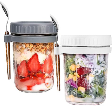 Bocguy 2er Set 400ml Overnight Oats Gläser, Glas Müslibecher to go mit Löffel und Deckel, Overnight Oats Behälter Joghurtbecher to go für Müsli Jogurt Porridge Milch Früchte, Grau und Weiß