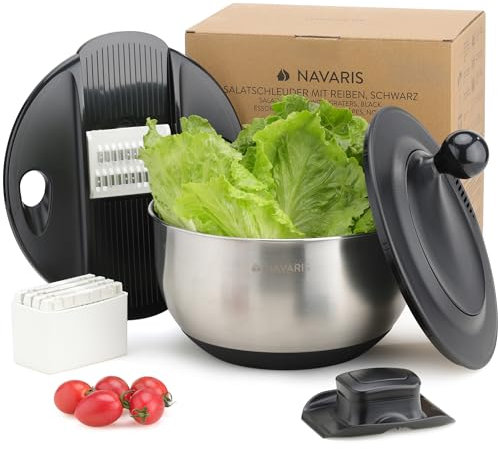 Navaris Centrifuga per Insalata con Coperchio - Gira Insalata in Acciaio Inox - Asciuga Insalata - Lavaggio Asciugatura e Rotazione Facili - con Dischi per Grattugiare e Tagliare
