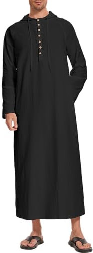 NANAMEEI Muslim Kaftan Herren Langes Nachthemd Leinen Ethnische Robe Lang Kostüm Schwarz 3XL