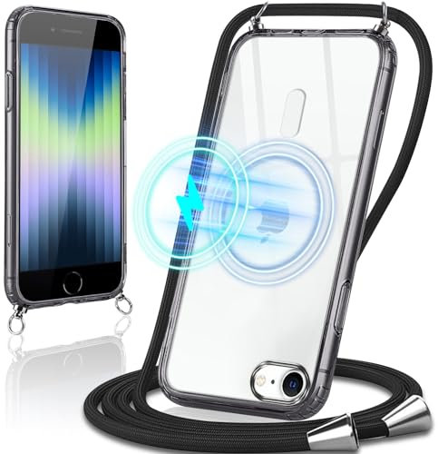 Oelrstfe Funda Magnética para iPhone 8/iPhone SE 2020/iPhone 7/SE 2022 con Cuerda, Compatible con MagSafe, Carcasa Transparente Suave TPU Silicona Case con Colgante, para iPhone 8 Fundas [Borde Negro]