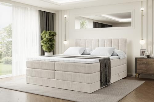 ALTDECOR Boxspringbett mit Matratze und Lattenrost, Topper, Polsterbett mit Bettkasten, Bett mit Stauraum H3- und H4- Matratze, Doppelbett, Springboxbett - OTTA King - 160x200 - Beige Samt