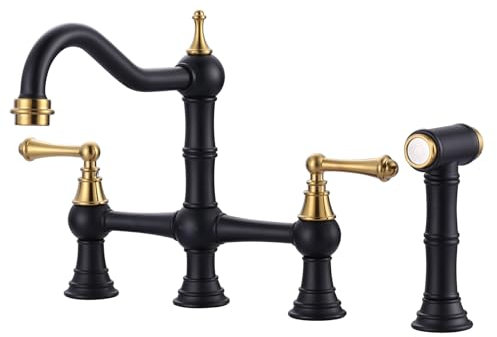 WOWOW Grifo de cocina de puente con rociador, grifo de cocina de latón con 4 agujeros para fregadero de cocina, grifo de fregadero de cocina negro y dorado, grifo de cocina de granja de dos asas