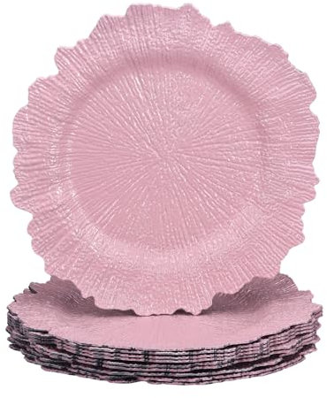 uxcell 10 piatti di ricarica rotondi in plastica con motivo floreale da 33 cm, per cene, matrimoni, feste, eventi, decorazione da tavolo, rosa