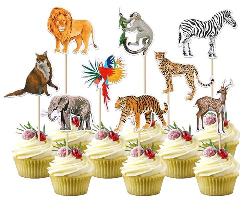 36 Pack Jungle Animals Cupcake Toppers Palm Leaves Glitter Moneky Lion Tiger Deer Elephant Animals Cupcake Picks Jungle Safari Theme Baby Shower Kids Birthday Party Cake Decorations