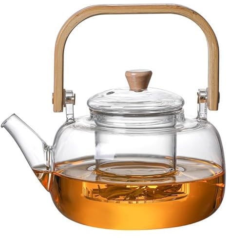 Clear Teapot, 34 Oz/1L Glass Tea Kettle Tea Pot for Stove Top, Induction Top, Clear Glass Pot with Infusers for Loose