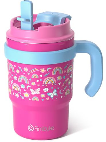 Fimibuke Isolierter Kinderbecher mit Griff und Strohhalm, auslaufsicherer Trinkbecher für Kleinkinder, mit 2-in-1-Deckel, BPA-frei, 18/8 Edelstahl, Trinkbecher, Reisebecher für Jungen und Mädchen