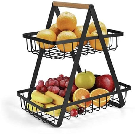 Porte-fruits Fruit Basket Grand panier à Fruits en métal à 2 niveaux, panier de Camping Portable, étagère de rangement for Fruits et légumes, rangement de cuisine domestique Présentoir à fruits
