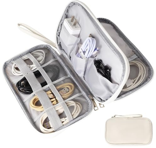 Yokuni Kabeltasche Organizer, Doppellagige Kabel Organizer Tasche, Kabel Tasche mit Tragbarem Griff, Tech Pouch für Kabelaufbewahrung, USB Ladekabel, Powerbank, SD Stick, Elektronik Zubehör (Beige)