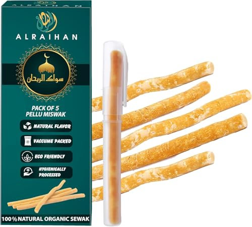 Al Raihan 5 Stück Miswak - Sticks mit 1 Haltern zum Reinigen der Zähne - vakuumversiegelte Zahnbürste mit natürlichem Geschmack - traditionelle Kausticks für Zahnaufhellung, Mundgesundheit || 5 Stück