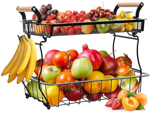 Cisivis Obst Etagere Obstkörbe, 2-stöckiger abnehmbarer Obstkorb mit 2 Bananenhaken，Obstregal für Brot, Gemüse, Snacks, Aufbewahrung für Küche - Schwarz