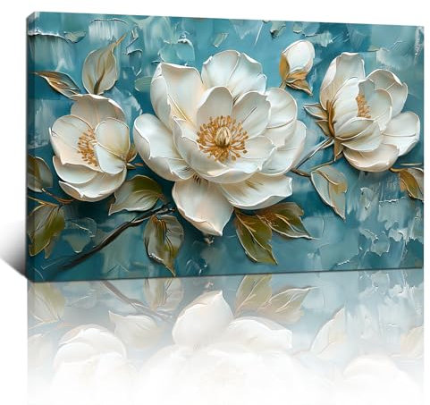 Groß Leinwandbilder Bilder Mit Rahmen, Weiß Pfingstrose Blumen bild auf leinwand Wandkunst Vintage Blau Weiß Geblümt Wandbilder Kunstdruck Gemälde Deko für Wohnzimmer Schlafzimmer Aufhängen 90×60cm