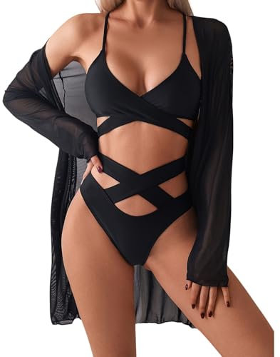 Xumplo Womens Swimming Costume 3 Piece Bikini Set with Cover Up Swimsuit Ladies Tops+High Waist Shorts+Long Sleeve Cardigan Bathing Suit Black-L