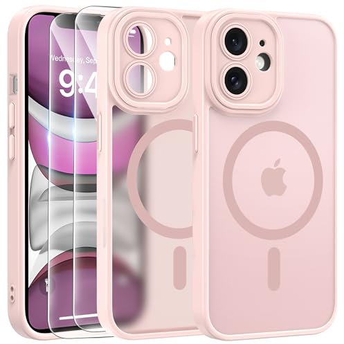 FLLAO Cover Magnetica per iPhone 11 Custodia e 2 Pellicole in Vetro Temperato, Cover iPhone 11 Compatibile con Magsafe, Traslucida Opaca Posteriore Sottile Antiurto Protettiva Case, Rosa