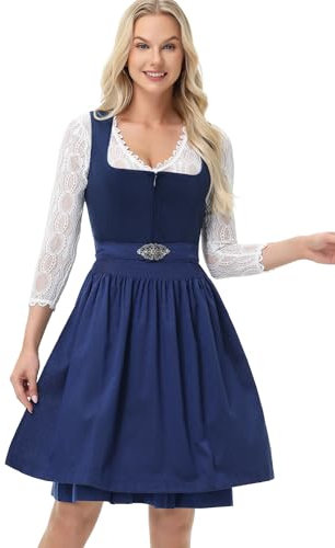 TrendiMax Damen Midi Dirndl - Elegant Samt Dirndlkleid Trachtenkleid für Oktoberfest mit Blumenmuster Schürze, Blau, 36
