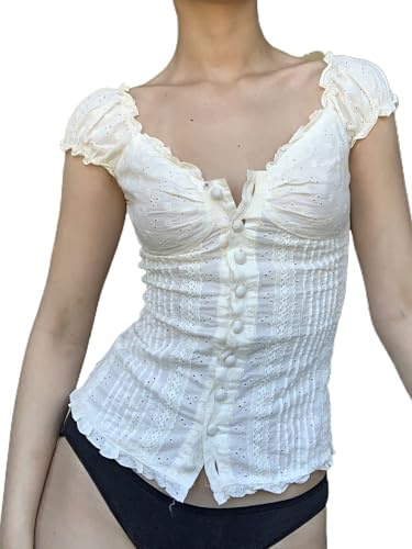 Fiacafyo Women Y2k Fairy Grunge Crop Tops Ruffle Short Sleeve Off Shoulder Blouse Slim Fit 90s Aesthetic T-Shirt Streetwear