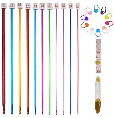 Crihovy 11 Stück Tunesische Häkelnadel Set, 2 mm-8 mm Lange Häkelnadeln, Crochet Hook für Strickarbeiten, Bunt Aluminium Häkelnadelset, Häckelnadel mit 10 Stichmarker, für Verschiedene Strickprojekte