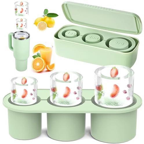 Fhioevt Cubiteras para Hielo Molde de Silicona para Stanley Cup Tumbler 3 Moldes de Hielo Cilíndricos Huecos para Tazas de 20-40 oz cubitera silicona con tapa para zumo, café, whisky (verde)