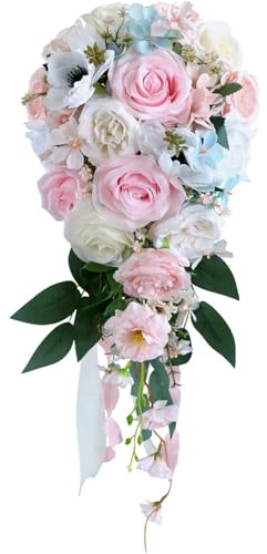 Fouriding Hochzeits-Wassertropfen-Blumensträuße für Braut, künstliche Wasserfallsträuße für Zeremonie, Jahrestag, Party, Brautparty, Hochzeitsblumen (Blau Rosa)