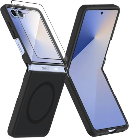 WQRTYJK 3 in 1 Magnetica Cover Compatibile per Samsung Galaxy Z Flip 7 con 2 Vetro Temperato, Compatibile con Custodia Antiurto Traslucida Opaca, Nero
