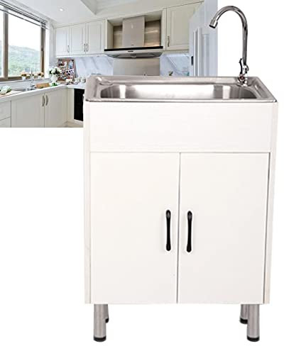 Armoire de cuisine en acier inoxydable avec 2 portes, robinet d'évier simple et égouttoir pour intérieur/extérieur, meuble de rangement de cuisine avec évier de lave-vaisselle