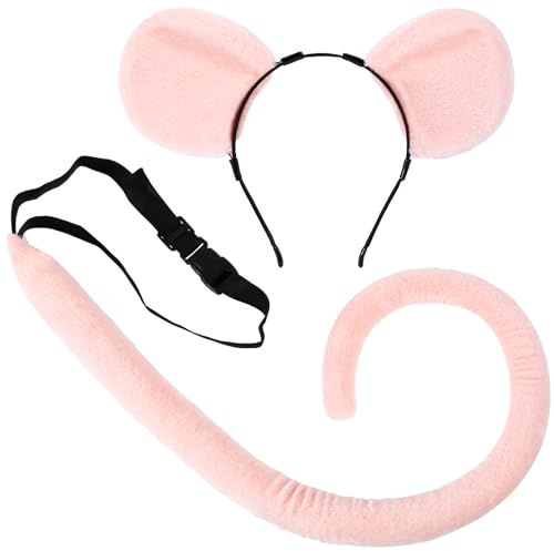 XEPST Animal Mouse Costume Set, Mouse Ears and Tail Set with Rat Ears Headband Rat Tail for Animal Costume Cosplay Birthday Party Halloween Fancy Dress Party Supplies, Pink