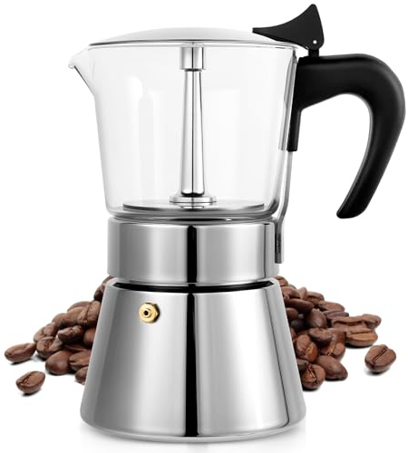Suiitat 9 Cup 450ml Glass Moka Pot, Stovetop Espresso Maker, Silver | Crystal Glass-top & Stainless Steel Coffee Maker, Induction Compatible, for Greca de Cafe, Cuban and Italian Coffee Brewing