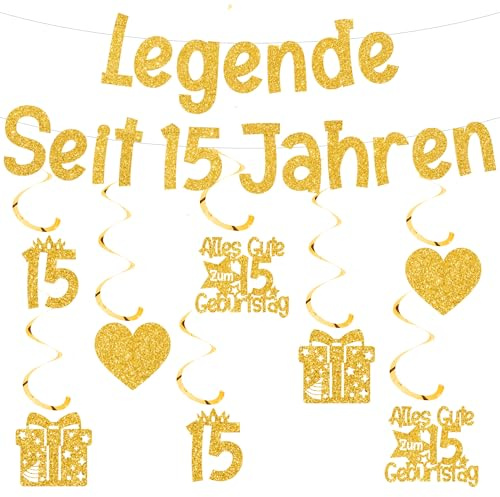 Deko 15 Geburtstag Jungen Mädchen Girlande - Goldene Geburtstagsdeko Legende Seit 15 Jahren Banner, Glitzer Hängende Wirbel und Garland für 15. Geburtstagsparty Dekoration