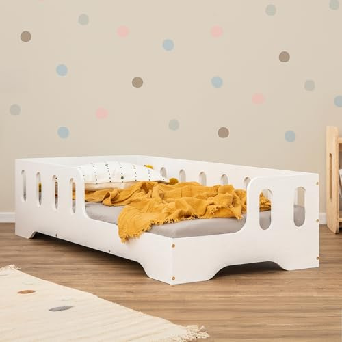 smartwood Bodenbett 90x200 cm mit Rausfallschutz, Holz, Weiß, TILA 1P | Montessori Kinderbett, Lattenrost belastbar bis 230 kg, FSC-Zertifikat, abgerundete Kanten, Einfache Montage, ab 3 Jahren