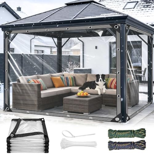 2m x 5m Clear Tarpaulin Waterproof Heavy Duty Transparent Tarpaulin with Eyelets and Rope Tear Resistant 420 g/m² PVC Clear Tarp for Gazebo Balcony Rabbit Hutch Greenhouse Chicken Coop