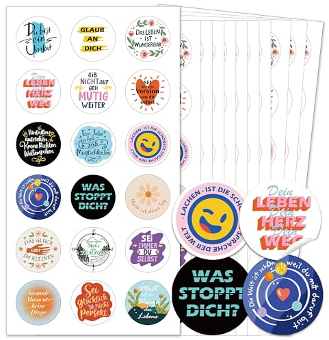 BIROYAL 504 Stk Motivationssticker, 18 Motive, Sprüche Aufkleber Deutsch | 4cm Lustige Aufkleber, Rückstandsfrei abziehbar, mit Positive Affirmationen, für Geschenk, Fotoalbum, Journaling, Umschlag