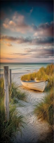 artissimo, Glasbild, 30x80cm, AG5722A, Strand & Meer: Boot am Strand, Bild aus Glas hochkant schmal, moderne Wanddeko Naturmotiv, Wandbild Wohnzimmer hell, maritim, mediterran, minimalistisch
