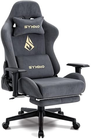 Symino Chaise Gaming Ergonomique et Fauteuil Gamer avec Repose-Pieds Télescopique Coussin à Ressorts, Support Lombaire et Hauteur Réglable 200kg (Faux Daim, Gris)