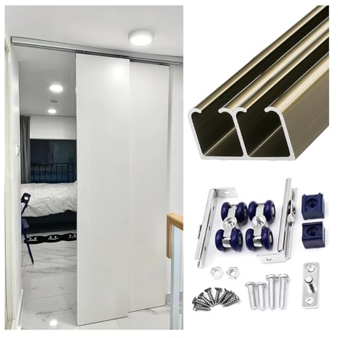 Schiebetür Schiene Doppeltaschen-Türschienen-Set Für Deckenmontage, 300 Cm, 2,2, 1,2, 1,6 M Lang, Robustes Aluminium-Kastenschienen-Schiebetür-Hardware-Set Für Bypass-Türen(Champagne,4m/157.5in)