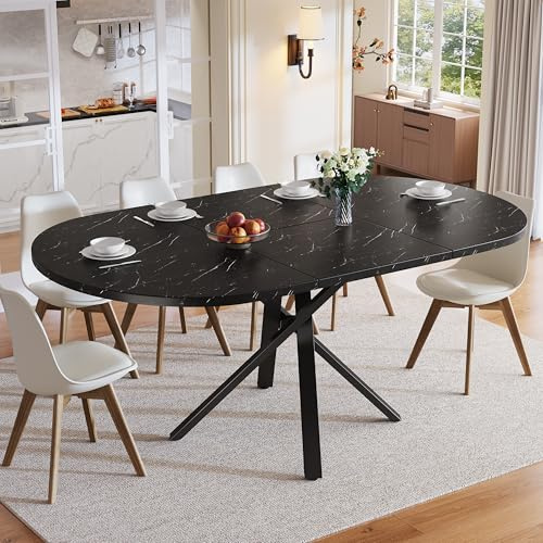 Merax Ausziehbarer runder Esstisch, Oval Tisch für 4-6 Personen, Stabil X-Metallgestell, Verstellbare Metallbeine, schwarz Marmoroptik/100-140 * 100 * 75.5cm