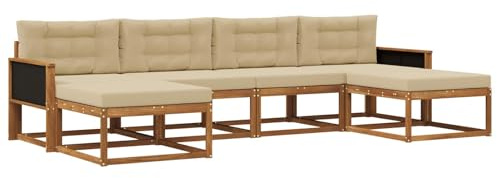 vidaXL Outdoor-Sofagarnitur mit Kissen 6 pcs Natur und Beige, Moderne Akazien-Gartenmöbel, wetterfester Sofa-Set, stylische Sitzgelegenheit für Terrasse und Pool