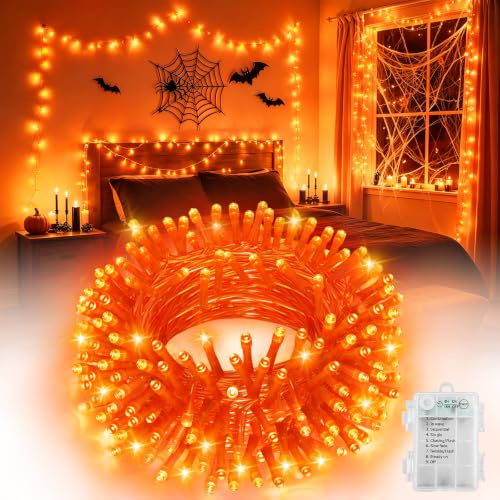 Halloween Lights, 100 LED 33Ft Orange Battery Fairy Lights with Timer | 8 Modes Waterproof Battery Operated String Lights for Indoor Outdoor Halloween Decorations