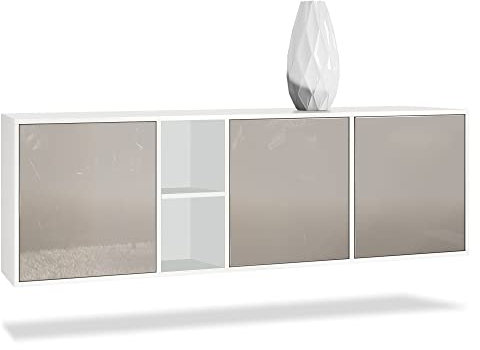 Vladon Kommode Cuba, Made in Germany, Weiß matt/Sandgrau Hochglanz - Modernes Sideboard für Ihr Wohnbereich - (BxHxT) 182x53x35 cm